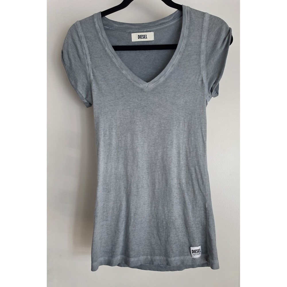 Diesel Women T-Shirt Short Sleeve V-Neck Grey Solid Casual Tee Top Shirt